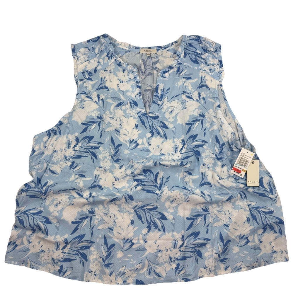 NWT ANGELS Womens Sleeveless V-Neck Tank Top Blouse Shirt White/Blue Floral - 3X
